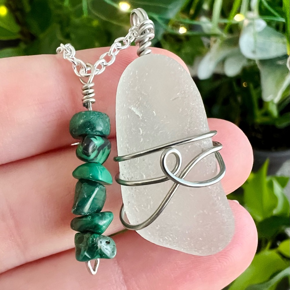 White Seaglass + Malachite Bar Crystal